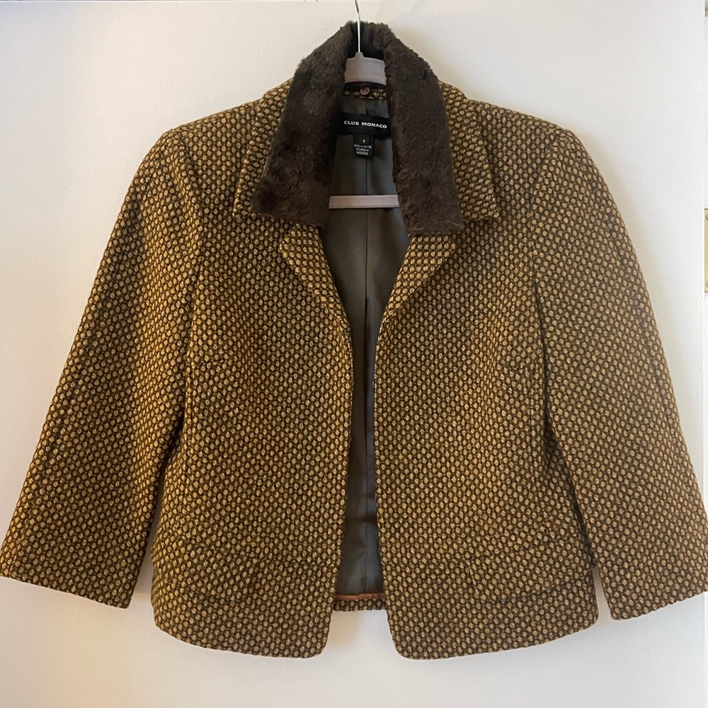 Club Monaco twill suit jacket with removable faux fur collar